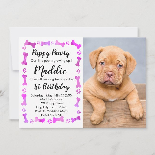 Puppy Pawty - Pink Girl Pet - Dog Birthday Puppy Invitation (Front)