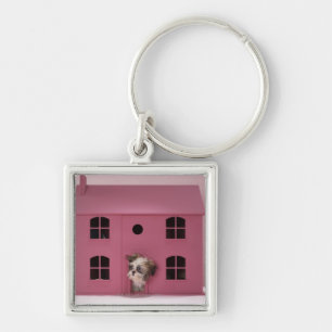 Puppy peering out of doll's house key ring