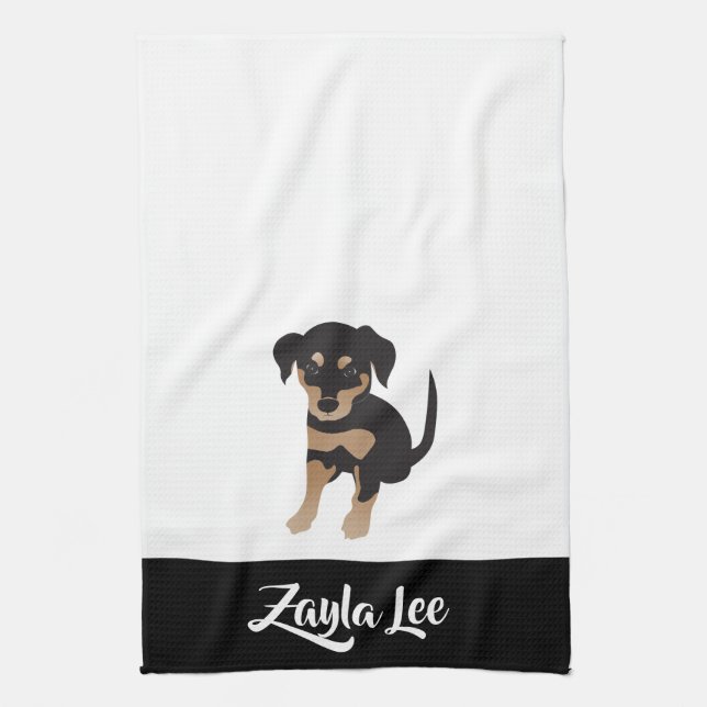 Puppy Personalizable Dog Name Black White Brown Tea Towel (Vertical)