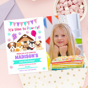 Puppy Photo Birthday Invitation / Girl Paw-ty