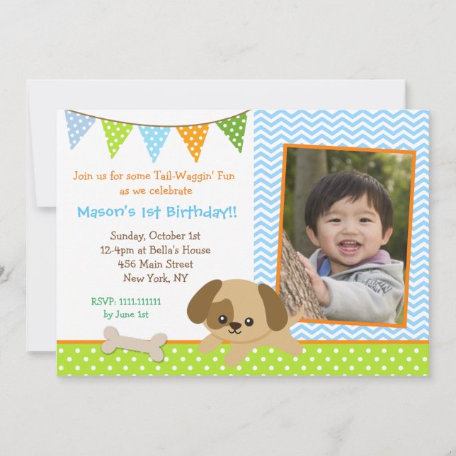 Puppy Photo Birthday Party Invitations for boys (Front)