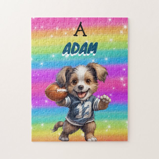 Puppy playing Football with Rainbows & Name Jigsaw Puzzle (Vertical)