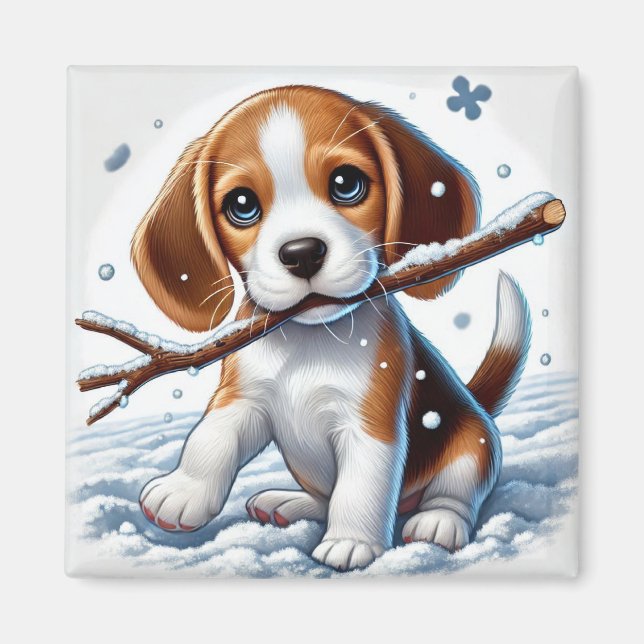 Puppy Playing in the Snow with a Stick in Winter Magnet (Front)