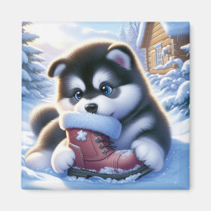Puppy Playing With a Snow-Covered Winter Boot Magnet