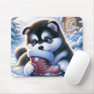 Puppy Playing With a Snow-Covered Winter Boot  Mouse Pad