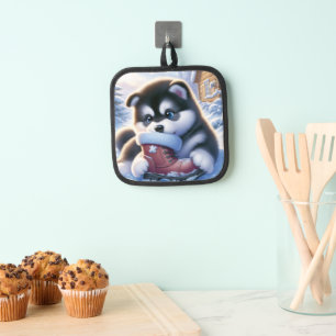 Puppy Playing With a Snow-Covered Winter Boot Pot Holder