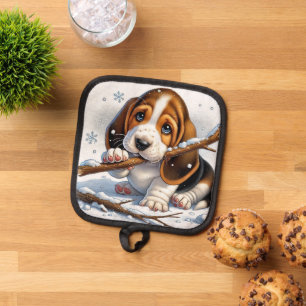 Puppy Playing with a Stick in Snowy Winter Scene Pot Holder