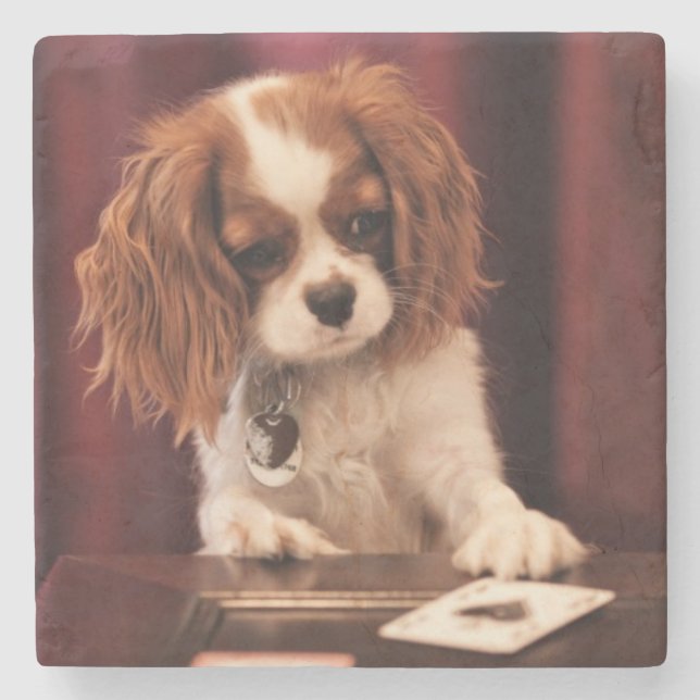 Puppy Plays Cards Stone Coaster (Front)
