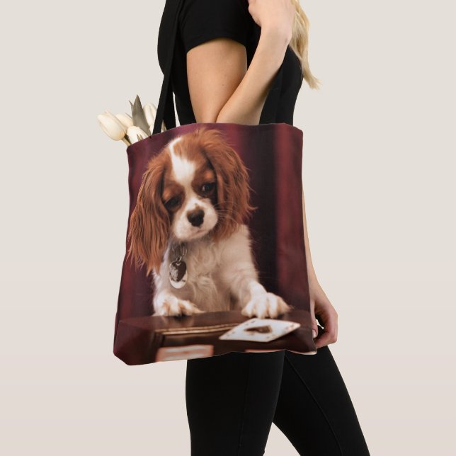 Puppy Plays Cards Tote Bag (Close Up)