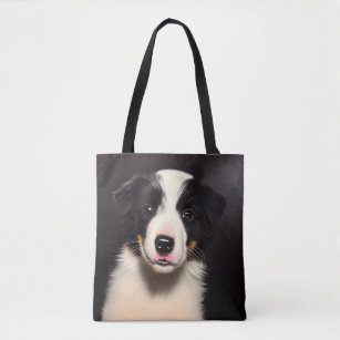 Puppy Portrait Oil Painting Cute Border Collie Tote Bag