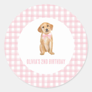 Puppy preppy pink plaid birthday classic round sticker