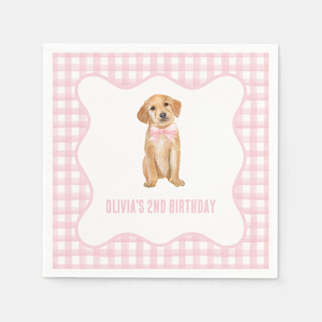 Puppy preppy pink plaid birthday napkin (Front)
