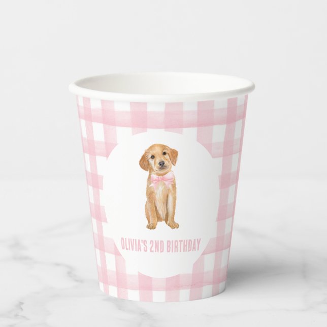 Puppy preppy pink plaid birthday paper cups (Front)