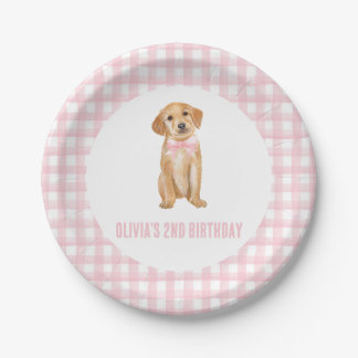 Puppy preppy pink plaid birthday paper plate