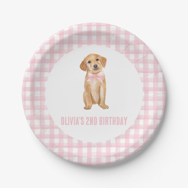 Puppy preppy pink plaid birthday paper plate (Front)