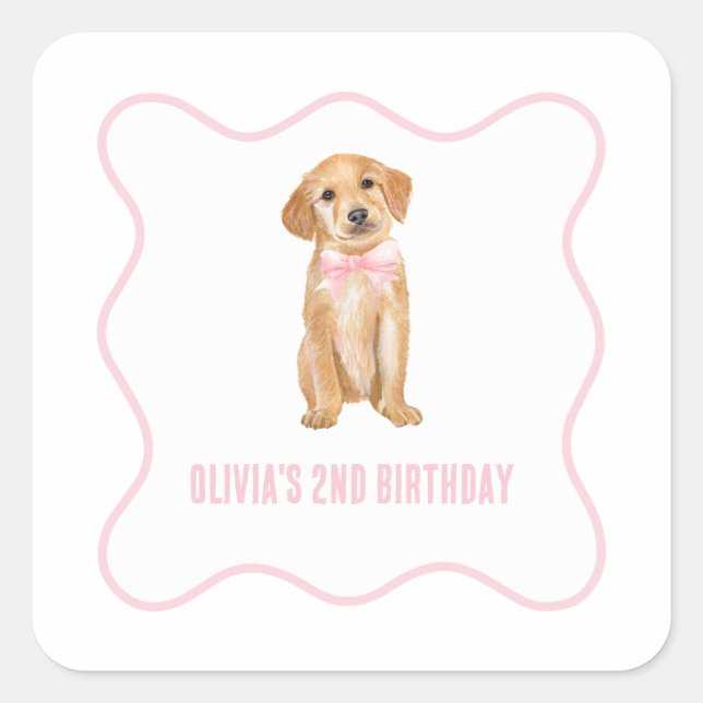 Puppy preppy pink plaid birthday square sticker (Front)
