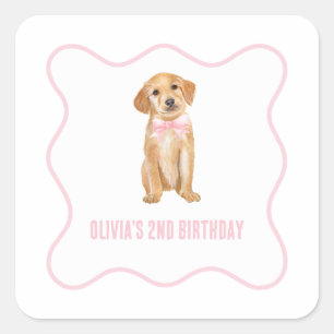Puppy preppy pink plaid birthday square sticker
