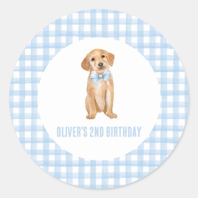 Puppy preppy plaid birthday classic round sticker (Front)