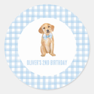 Puppy preppy plaid birthday classic round sticker