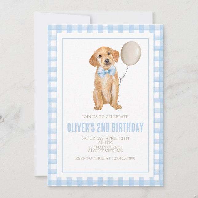 Puppy preppy plaid birthday invitation (Front)