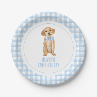 Puppy preppy plaid birthday paper plate