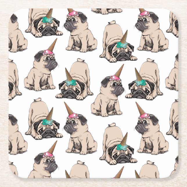 Puppy Pugs | Aspiring Unicorn Pattern Square Paper Coaster (Front)