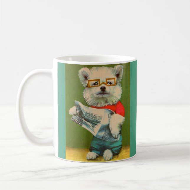 puppy reading the newspaper print coffee mug (Left)
