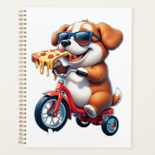 puppy riding a bike eating pizza planner