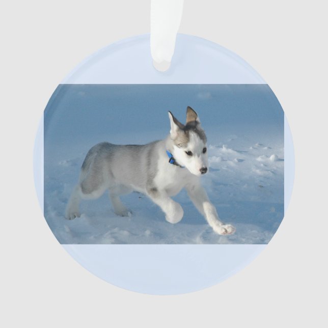 Puppy running in the snow ornament (Front)