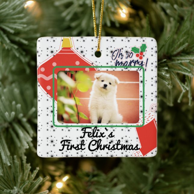 Puppy`s first Christmas custom name photo year Ceramic Ornament (Tree)