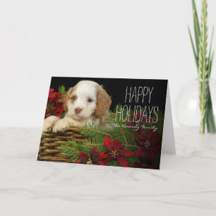 Puppy sitting in basket with Christmas pine Holiday Card