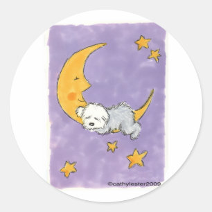 Puppy sleeping on the moon classic round sticker