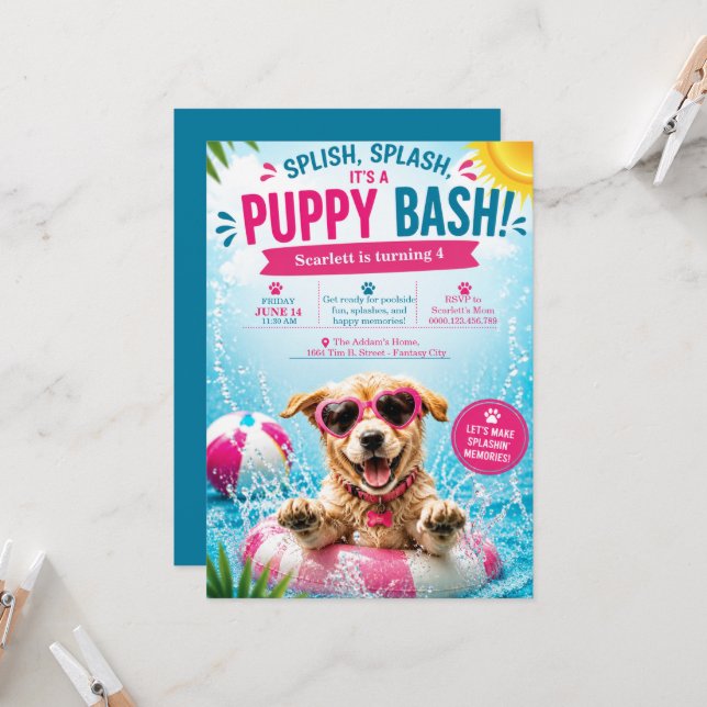 Puppy Splash Birthday Pool Party Invitation (Front/Back In Situ)