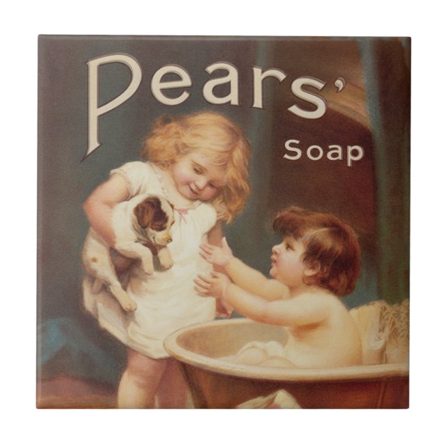 Puppy Taking A Bath Vintage Antique Tile (Front)