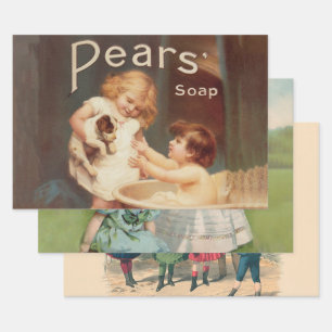 Puppy Taking A Bath Vintage Antique Wrapping Paper Sheet