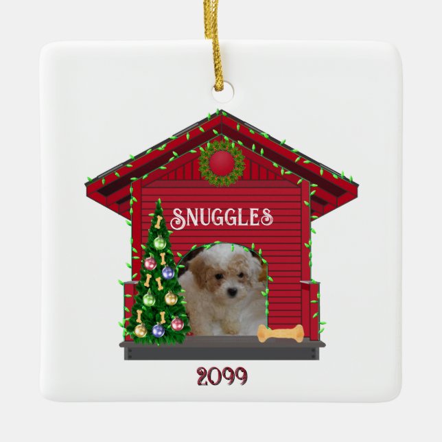 Puppy Upload Photo Decorated Dog House Christmas Ceramic Ornament (Front)