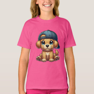 Puppy Wearing a Cap Cartoon Art T-Shirt