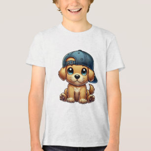 Puppy Wearing a Cap Cartoon Art Tri-Blend Shirt