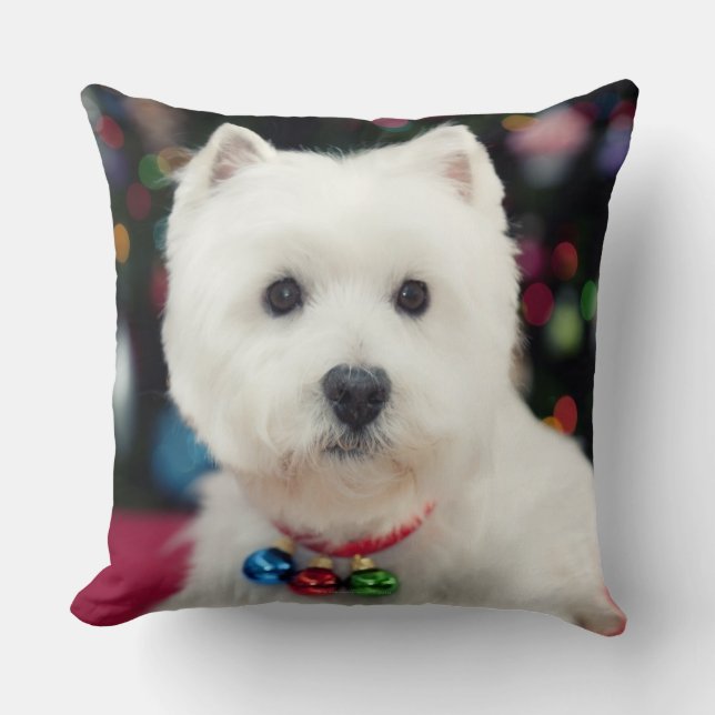 Puppy wearing Christmas bell on neck Cushion (Front)