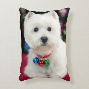 Puppy wearing Christmas bell on neck Decorative Cushion
