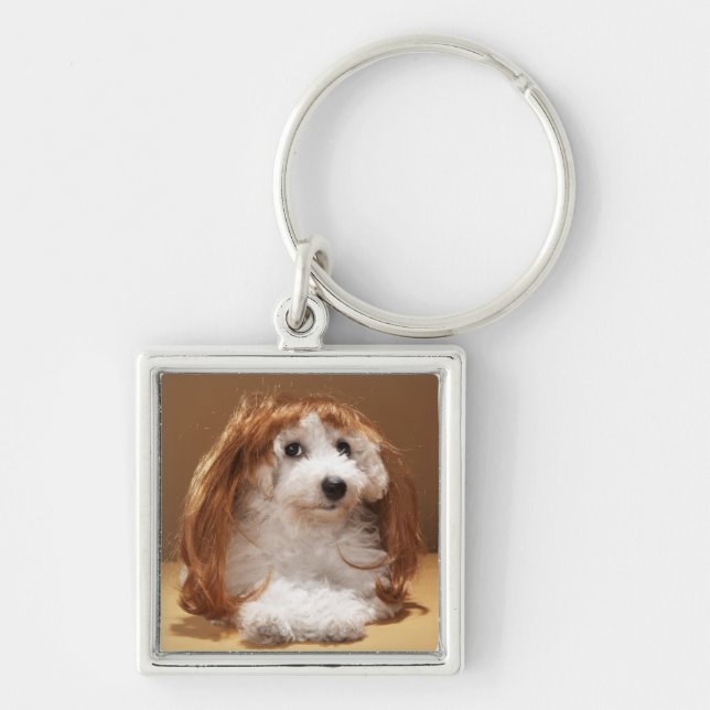 Puppy wearing ginger wig key ring (Front)