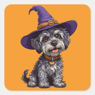 Puppy Wearing Purple Wizard Hat Halloween Art Square Sticker