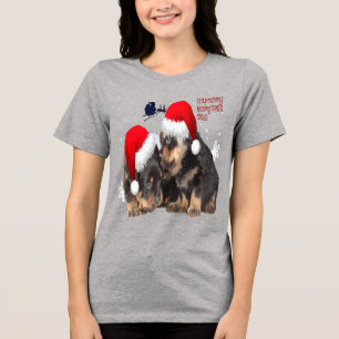 Puppy White Christmas With Santa Claus Sleigh  Tri-Blend Shirt