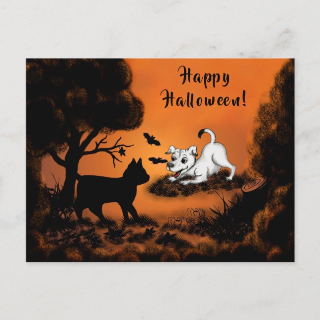 Puppy with Black Cat and Bat , Happy Halloween! Holiday Postcard (Front)