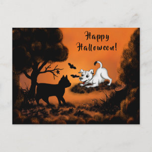 Puppy with Black Cat and Bat , Happy Halloween! Postcard