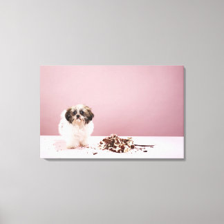 Puppy with cake on floor canvas print
