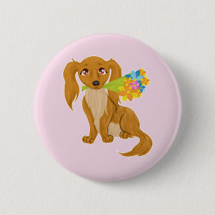 Puppy with Flower Bouquet 6 Cm Round Badge