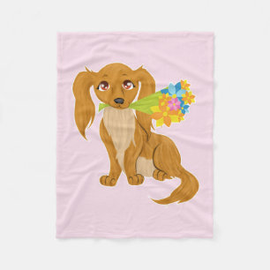 Puppy with Flower Bouquet Fleece Blanket