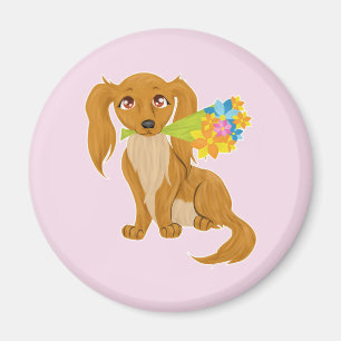 Puppy with Flower Bouquet Magnet
