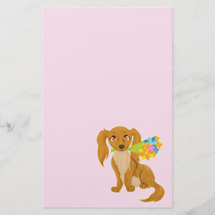 Puppy with Flower Bouquet Stationery